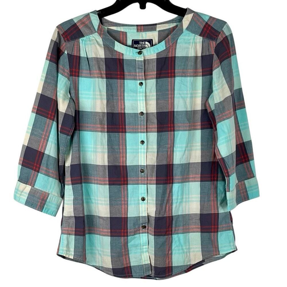 The North Face Women's Plaid Button-Down Collarless Neckline Blouse Small